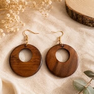 Natural Wood Round Hoop Earrings, Boho Rustic Statement Jewelry