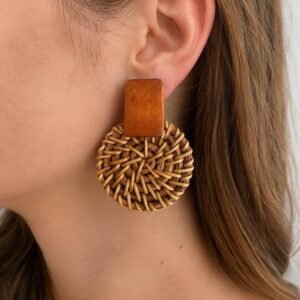 Woven Rattan Round Earrings, Boho Wood Accent, Natural Fiber Statement Jewelry