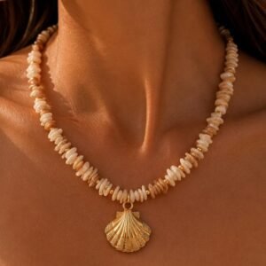 Shell Chip Necklace, Gold Scallop Pendant, Coastal Beach Jewelry