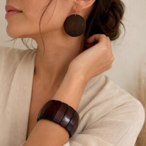 Dark Brown Wooden Jewelry Set, Boho Statement Earrings & Bracelet