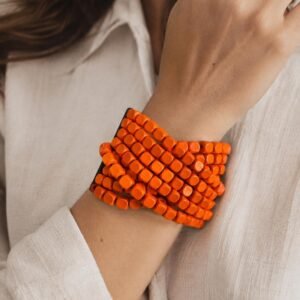 Orange Wood Beaded Stretch Bracelet | Boho Minimalist Stackable Jewelry