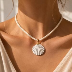 Seashell Pendant Necklace, Ivory Rope Choker, Coastal Beach Jewelry, Gold Accents