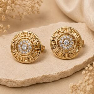 Greek Key Clip On Earrings, Crystal Statement Earrings, Vintage Inspired Gold Earrings, Elegant Round Earrings