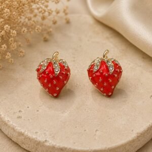 Red Strawberry Stud Earrings, Cute Fruit Jewelry, Rhinestone Enamel Earrings, Playful Statement Earrings, Gift for Her