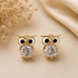 Owl Stud Earrings, Gold Owl Earrings with Crystal, Cute Animal Jewelry, Crystal Owl Earrings, Nature Inspired Gift, Women’s Earrings