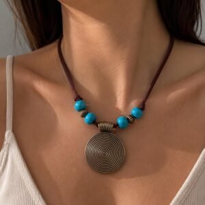Turquoise Pendant Necklace, Boho Leather Necklace, Rustic Statement Necklace, Blue Beaded Jewelry, Southwestern Jewelry, Artisan Gift