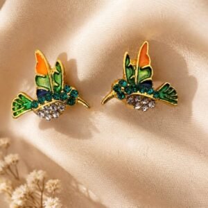 Enamel Crystal Hummingbird Stud Earrings, Gold Tone Nature Jewelry