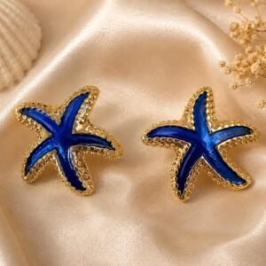 Blue Starfish Earrings, Gold Tone Sea Star Stud Earrings, Ocean Jewelry, Beach Earrings, Coastal Summer Jewelry, Nautical Gift