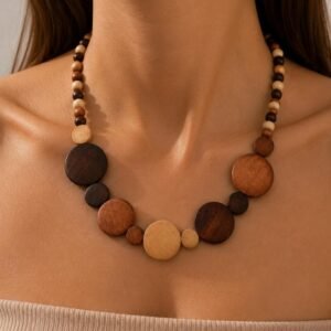 Natural Wood Bead Statement Necklace, Boho Earthy Jewelry, Mixed Size Beads