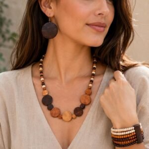 Natural Wood Boho Jewelry Set, Statement Necklace, Earrings, Bracelet, Earthy Style