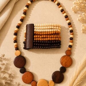 Natural Wood Boho Jewelry Set, Statement Necklace and Bracelet