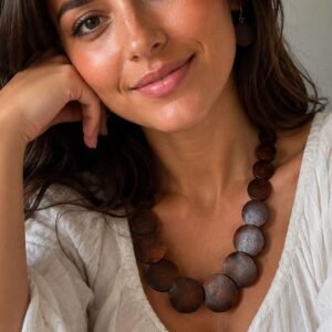 Dark Brown Wooden Statement Necklace and Earrings Set, Boho Rustic Jewelry