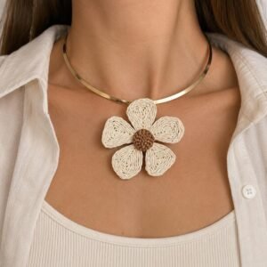 Boho Flower Necklace, Floral Statement Necklace, Natural Fiber Flower Pendant, Gold Tone Choker, Romantic Gift for Her
