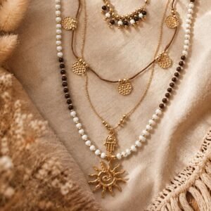 Layered Boho Necklace, White Brown Beads, Gold Sun Hamsa Statement Jewelry