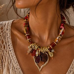 Bohemian Fabric Wood Bead Statement Necklace | Tribal Artisan Pendant Jewelry