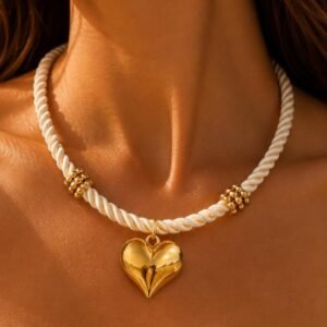Ivory Twisted Rope Necklace with Gold Puffy Heart Pendant | Statement Jewelry