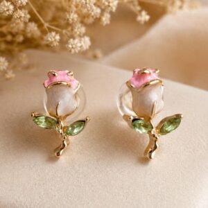 Pink Rose Earrings, Gold Flower Stud Earrings, Enamel Rose Jewelry, Botanical Earrings, Floral Earrings, Romantic Gift for Her