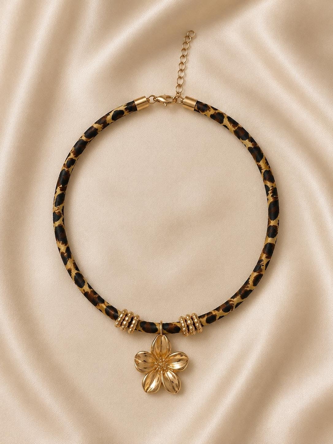 Leopard Print Flower Necklace | Gold Flower Pendant Choker | Animal Print Statement Necklace | Handmade Floral Jewelry | Gift for Her - Image 3