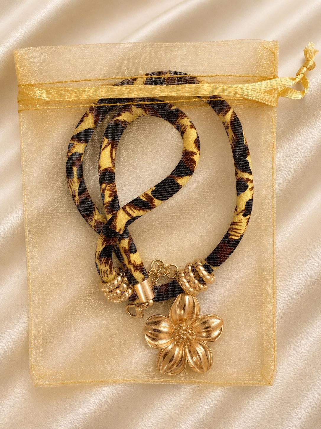 Leopard Print Flower Necklace | Gold Flower Pendant Choker | Animal Print Statement Necklace | Handmade Floral Jewelry | Gift for Her - Image 4