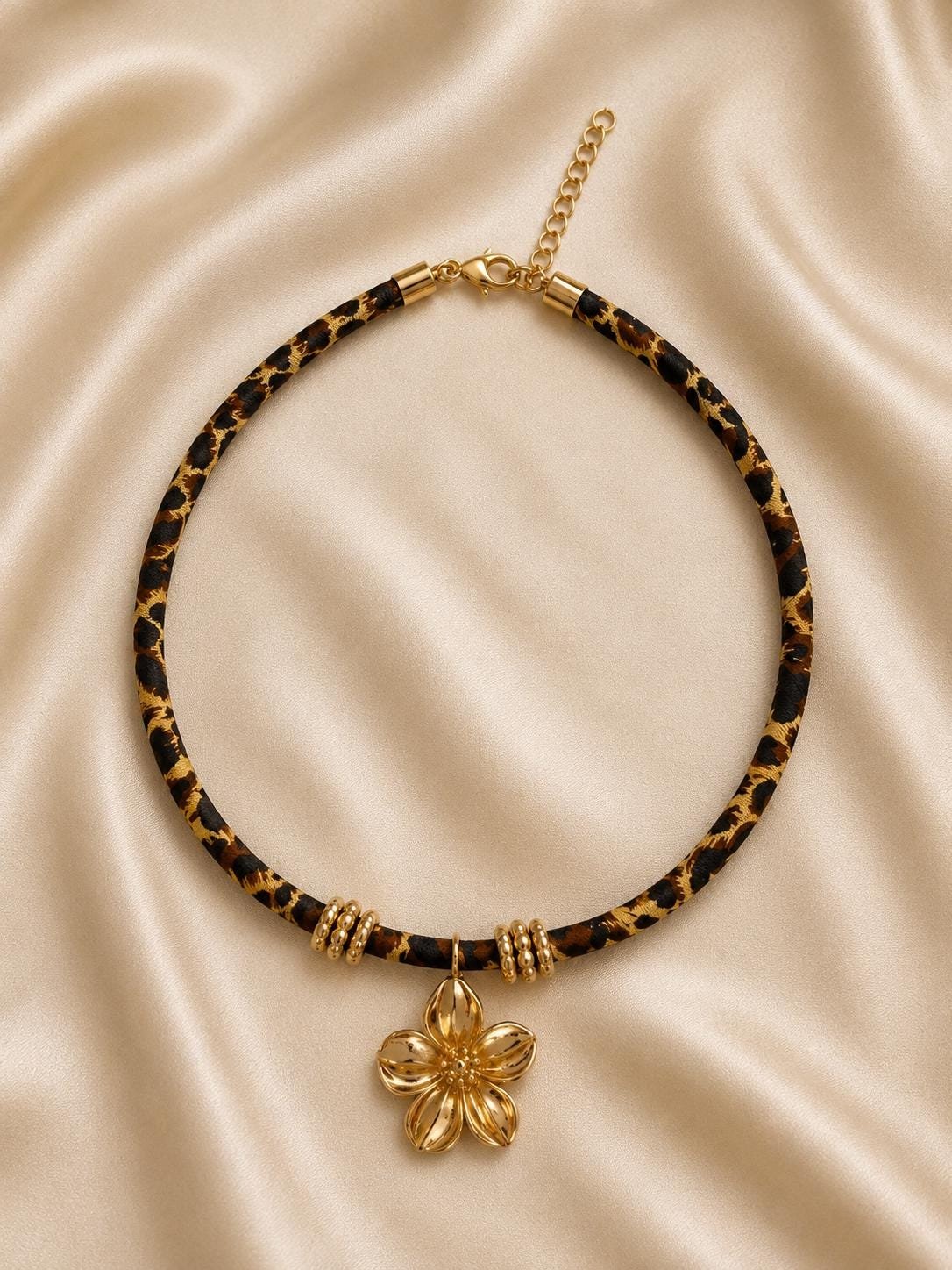 Leopard Print Flower Necklace | Gold Flower Pendant Choker | Animal Print Statement Necklace | Handmade Floral Jewelry | Gift for Her - Image 2