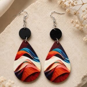 Abstract Landscape Teardrop Earrings, Wooden Dangle Earrings, Boho Wave Pattern Statement Jewelry, Modern Art Drop, Gift for Her
