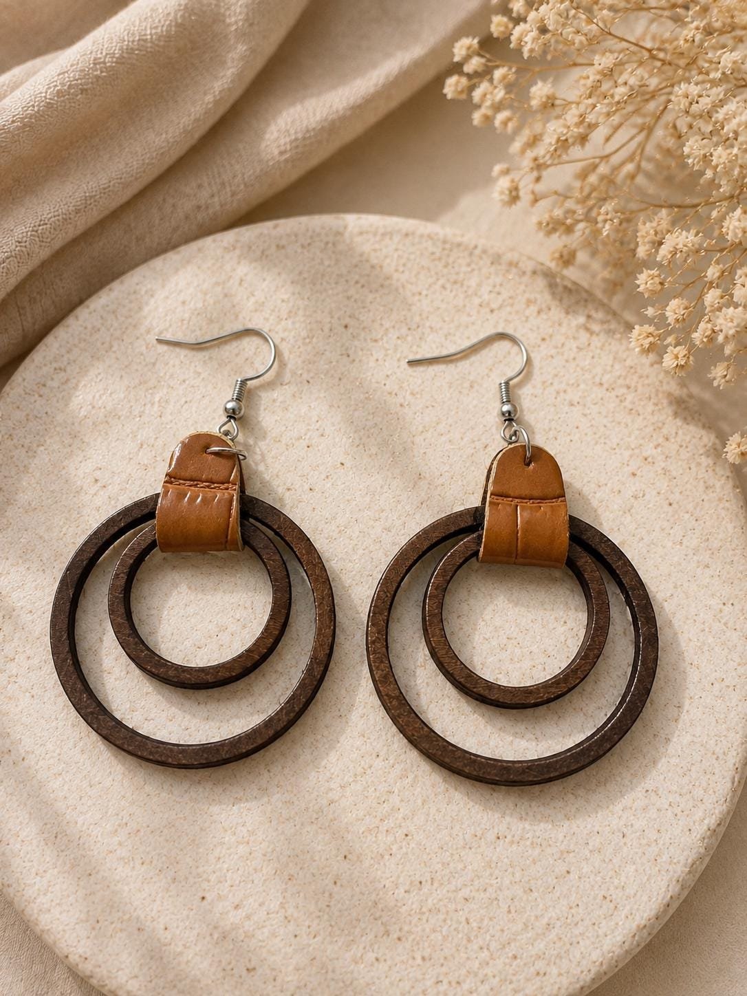 Wooden Double Circle Earrings, Faux Leather Accent Dangle Earrings, Boho Hoop Drop Jewelry, Rustic Brown Statement Earrings, Gift for Her - Image 2