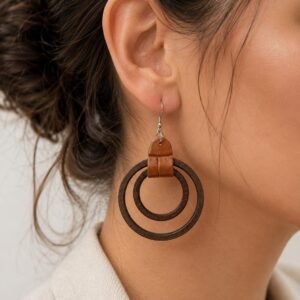 Wooden Double Circle Earrings, Faux Leather Accent Dangle Earrings, Boho Hoop Drop Jewelry, Rustic Brown Statement Earrings, Gift for Her