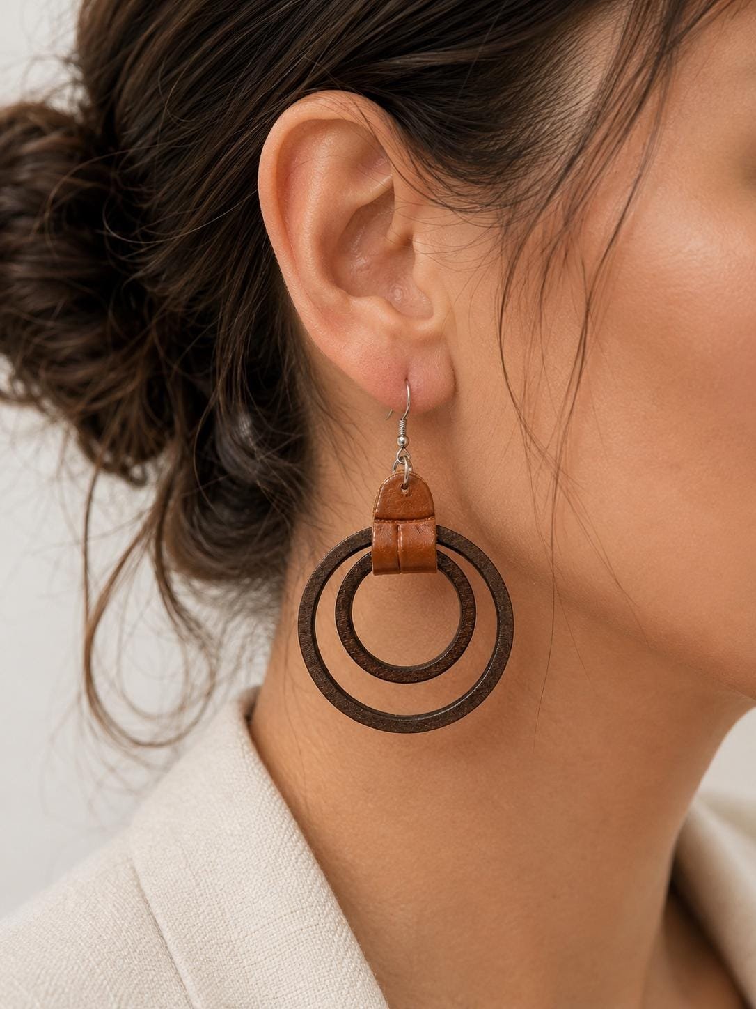 Wooden Double Circle Earrings, Faux Leather Accent Dangle Earrings, Boho Hoop Drop Jewelry, Rustic Brown Statement Earrings, Gift for Her