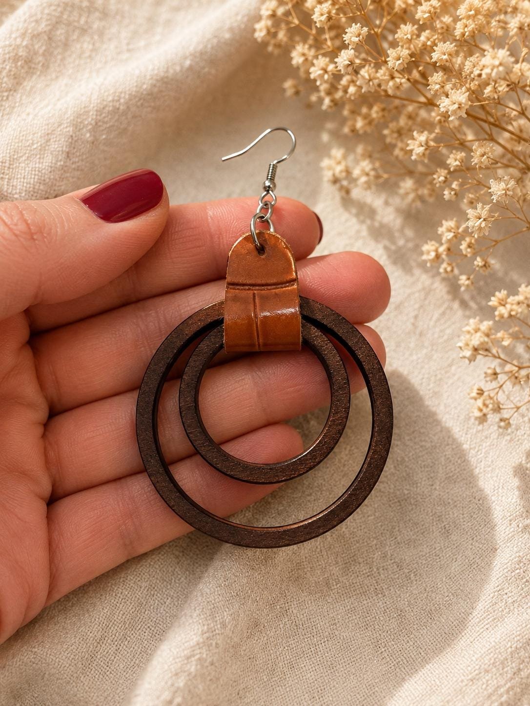 Wooden Double Circle Earrings, Faux Leather Accent Dangle Earrings, Boho Hoop Drop Jewelry, Rustic Brown Statement Earrings, Gift for Her - Image 5