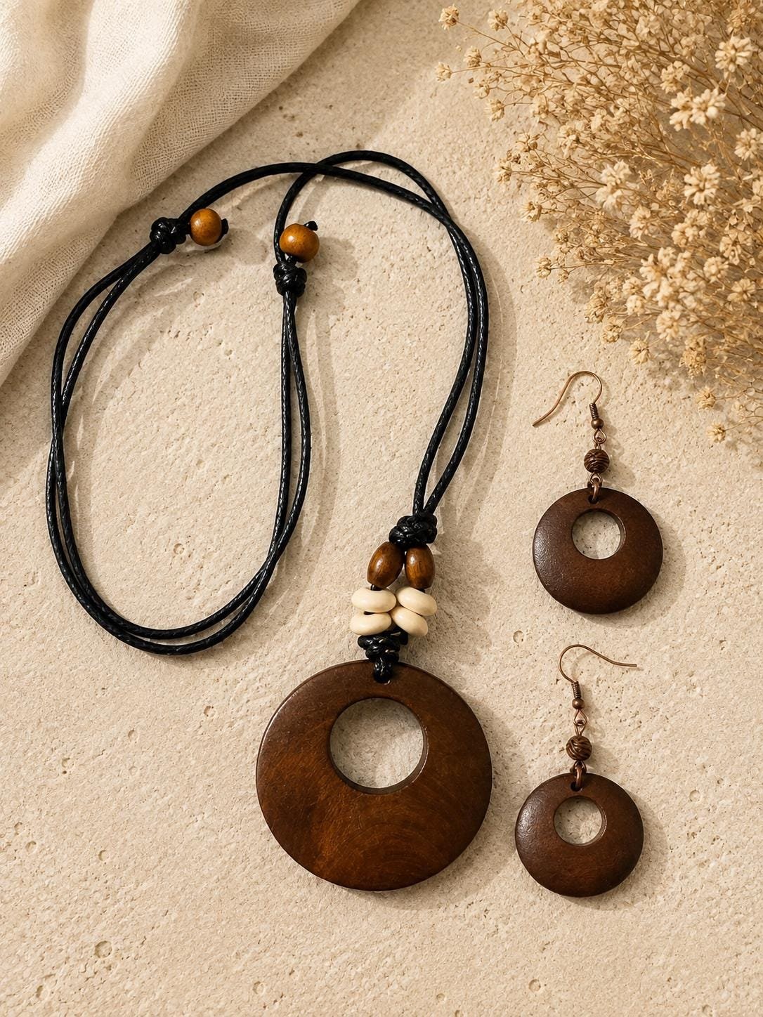 Brown Wooden Statement Necklace and Earrings Set, Boho Rustic Jewelry - Image 2