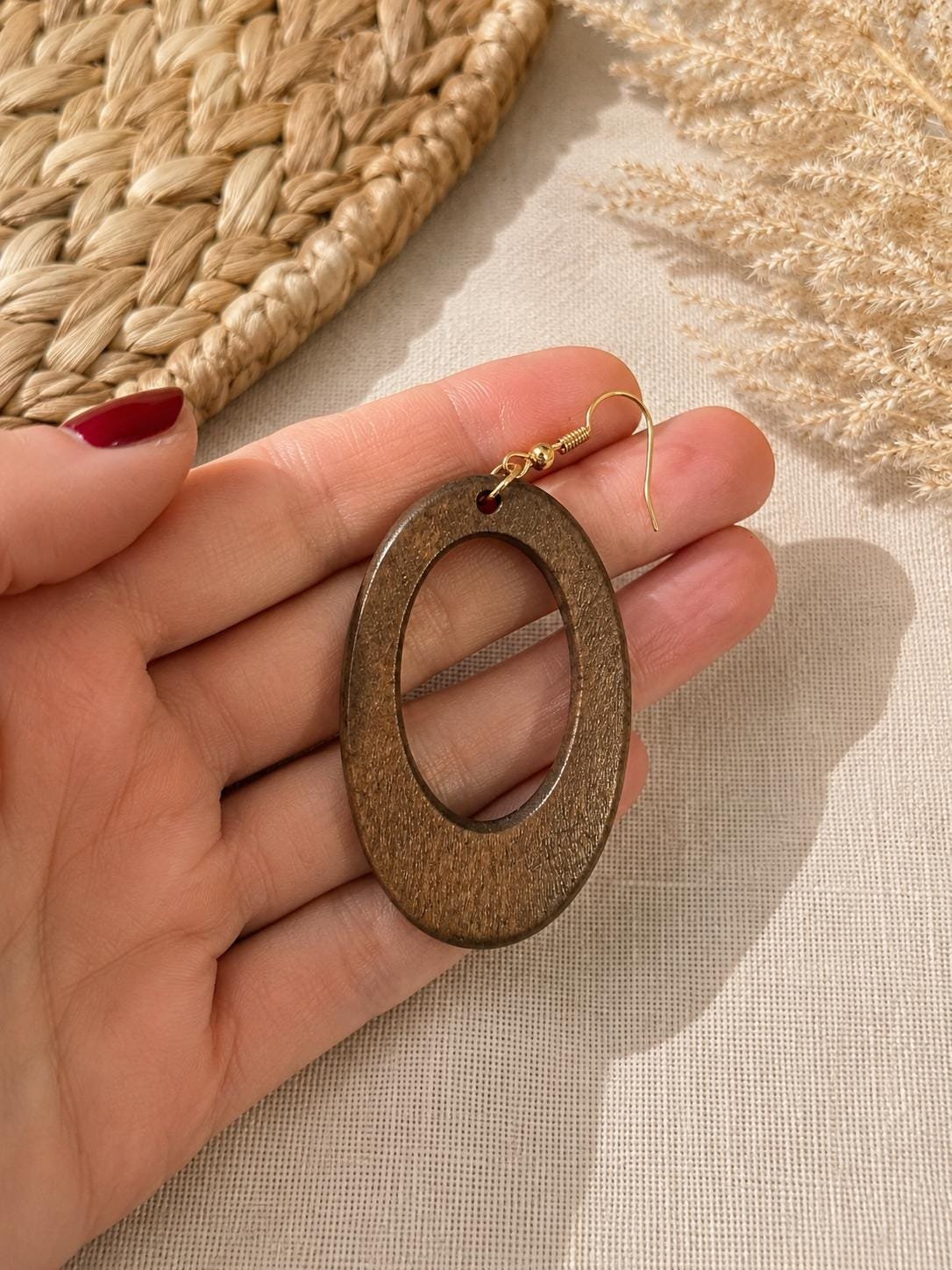 Natural Wood Oval Earrings, Boho Wooden Earrings, Geometric Statement Jewelry - Image 4