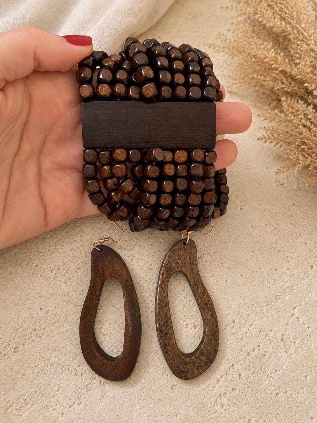 Natural Wood Boho Jewelry Set, Earrings and Bracelet, Earthy Style - Image 2