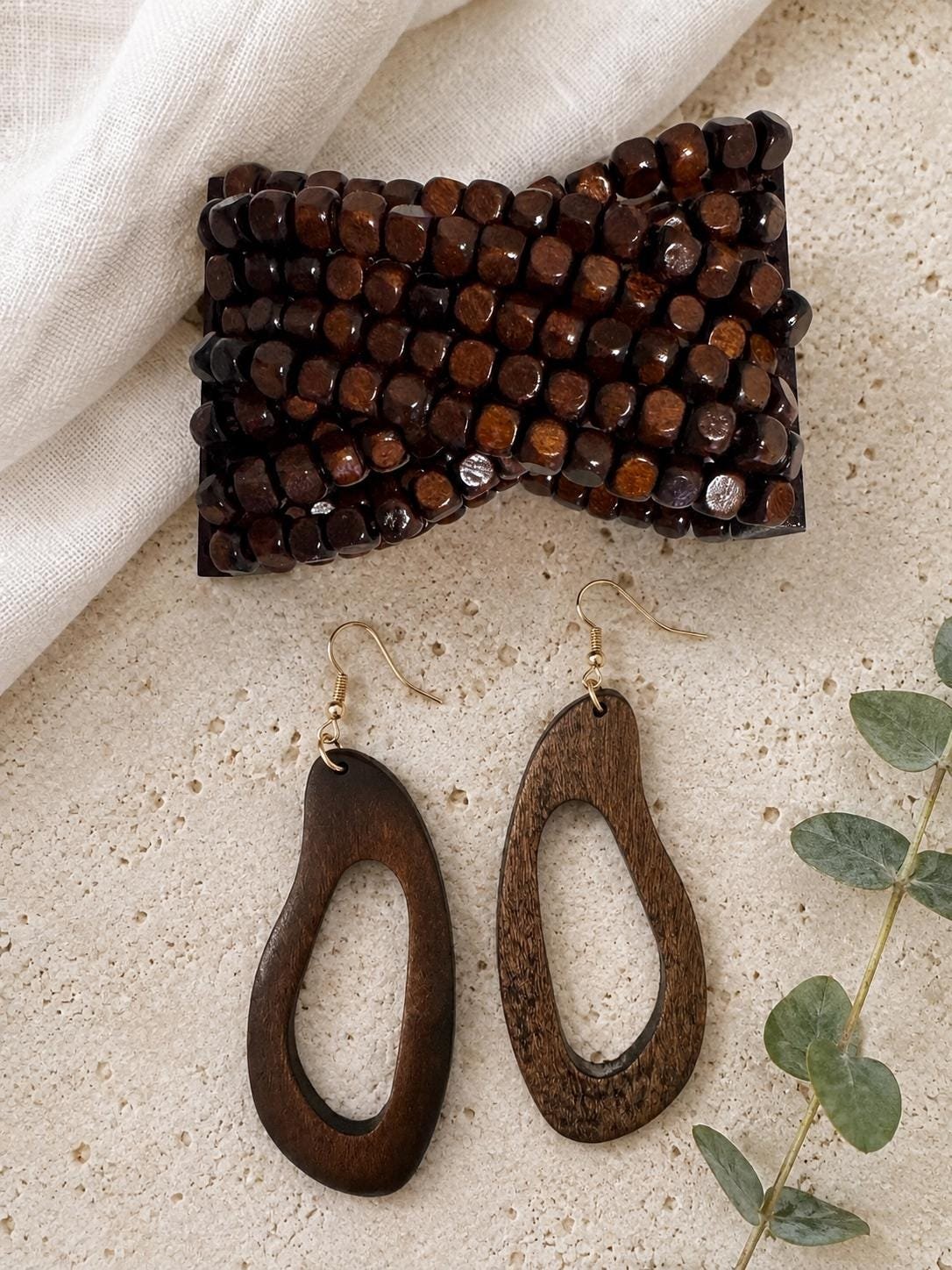 Natural Wood Boho Jewelry Set, Earrings and Bracelet, Earthy Style