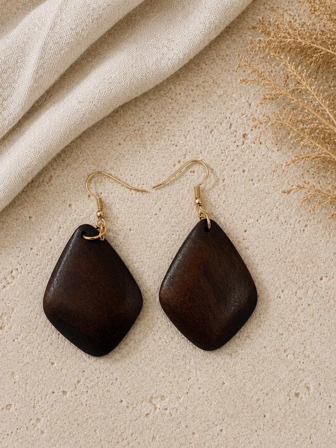 Wooden Teardrop Earrings, Boho Wood Earrings, Brown Statement Earrings, Natural Dangle Earrings - Image 2
