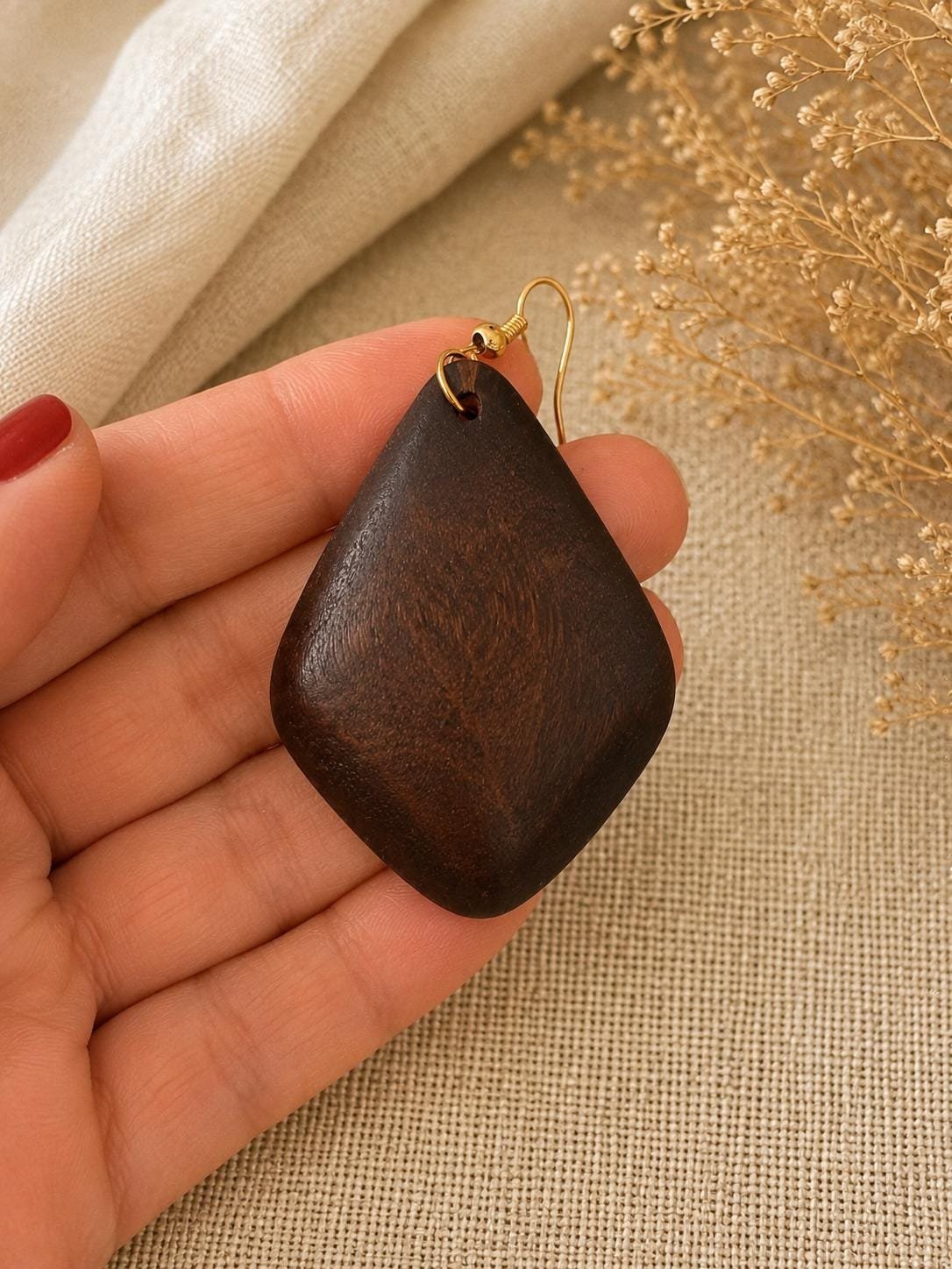Wooden Teardrop Earrings, Boho Wood Earrings, Brown Statement Earrings, Natural Dangle Earrings - Image 4