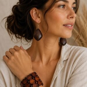 Wooden Jewelry Set, Statement Wood Earrings and Bracelet, Handmade Bohemian Jewelry, Rustic Gift for Her