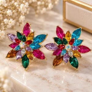 Colorful Flower Stud Earrings, Multicolor Crystal Earrings, Floral Statement Jewelry, Rainbow Gemstone Earrings, Boho Gift for Her