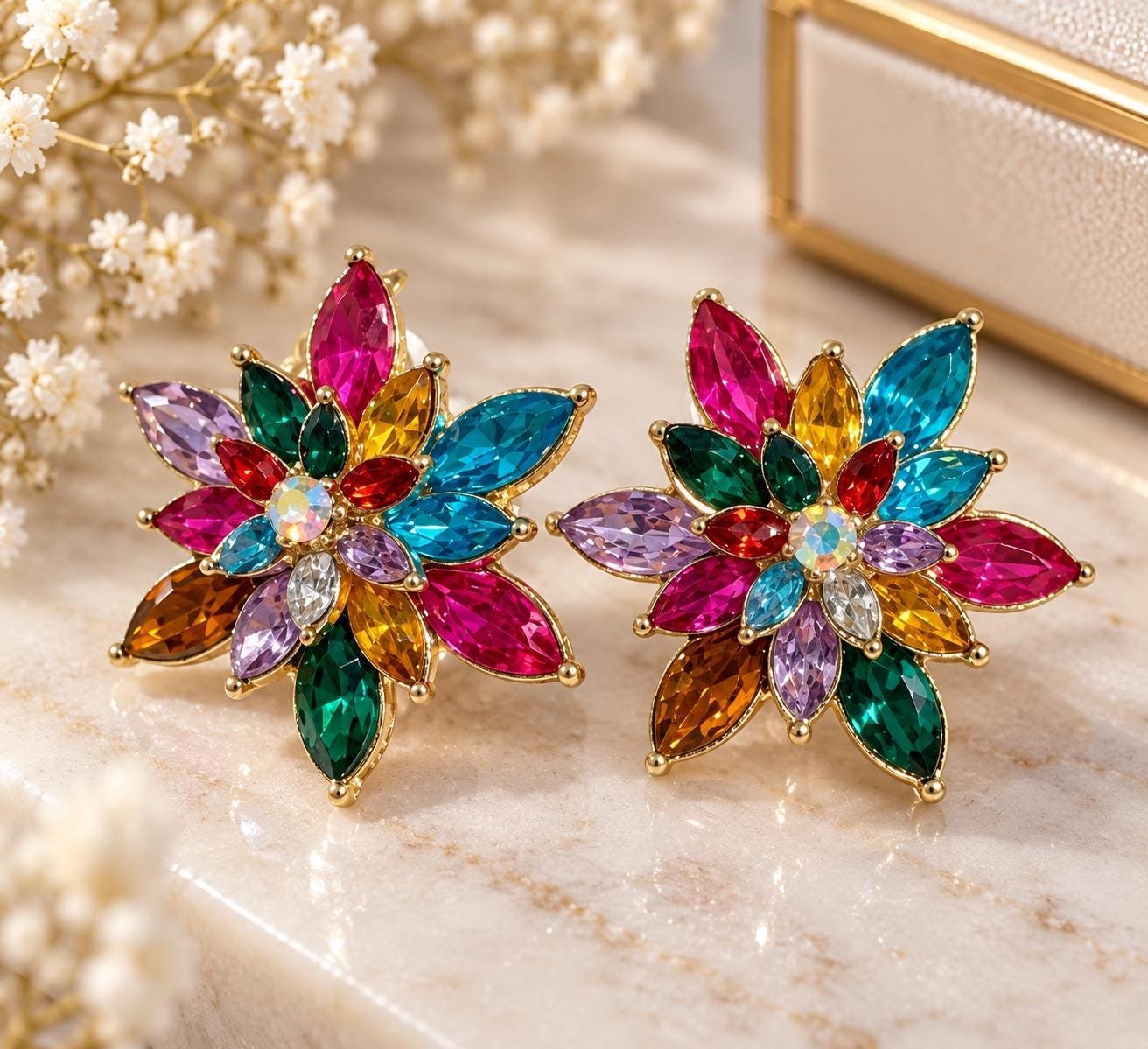 Colorful Flower Stud Earrings, Multicolor Crystal Earrings, Floral Statement Jewelry, Rainbow Gemstone Earrings, Boho Gift for Her