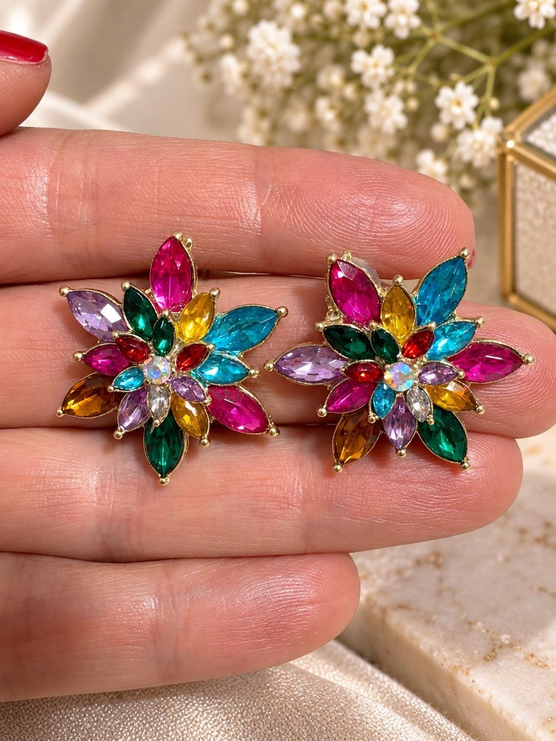 Colorful Flower Stud Earrings, Multicolor Crystal Earrings, Floral Statement Jewelry, Rainbow Gemstone Earrings, Boho Gift for Her - Image 4