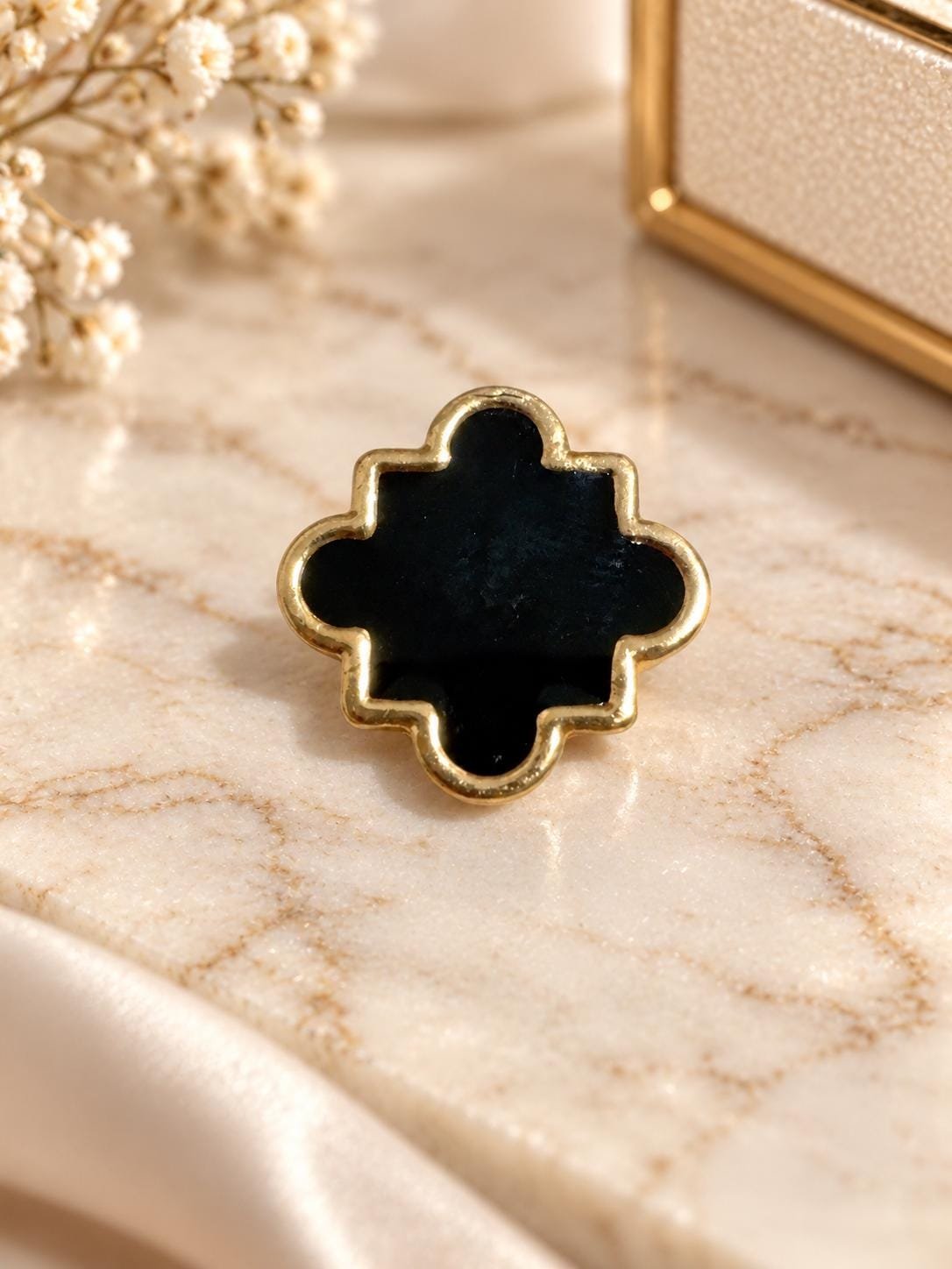 Black Clover Stud Earrings, Gold Trim Earrings, Quatrefoil Earrings, Elegant Black Statement Earrings - Image 3