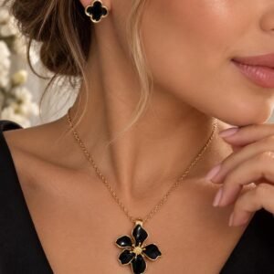 Black Flower Necklace and Earrings Set, Gold Tone Floral Jewelry Set, Black Enamel Pendant Necklace, Statement Jewelry, Gift for Her