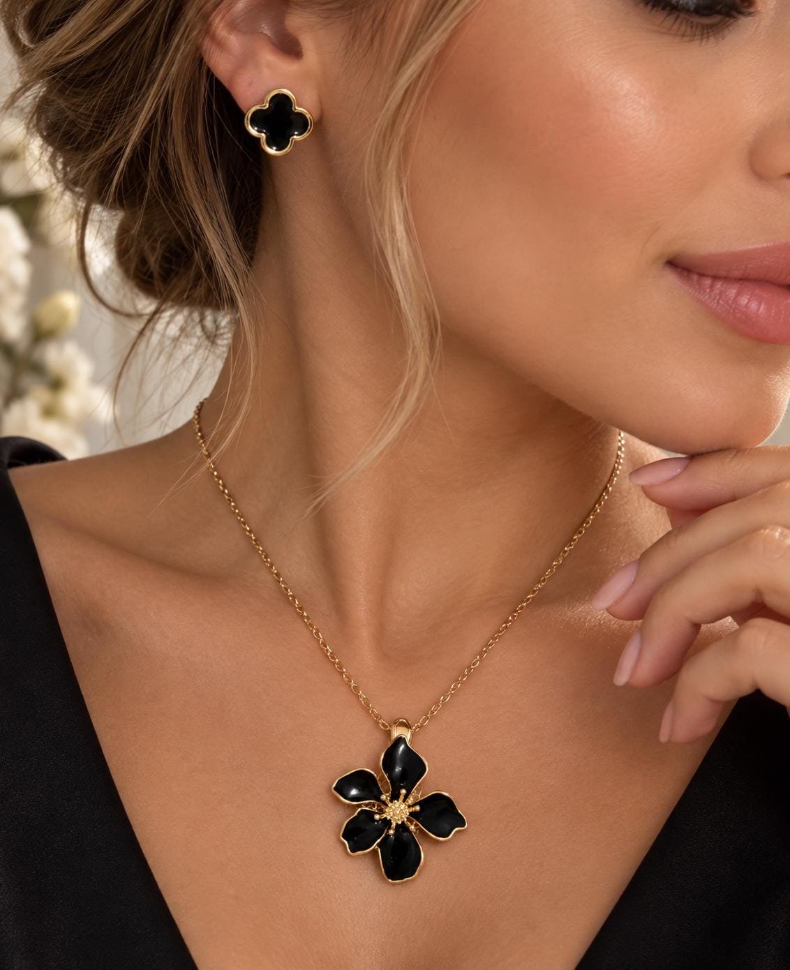Black Flower Necklace and Earrings Set, Gold Tone Floral Jewelry Set, Black Enamel Pendant Necklace, Statement Jewelry, Gift for Her