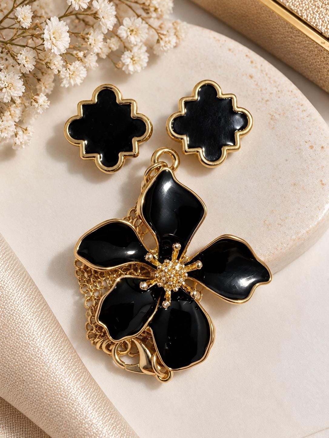 Black Flower Necklace and Earrings Set, Gold Tone Floral Jewelry Set, Black Enamel Pendant Necklace, Statement Jewelry, Gift for Her - Image 2