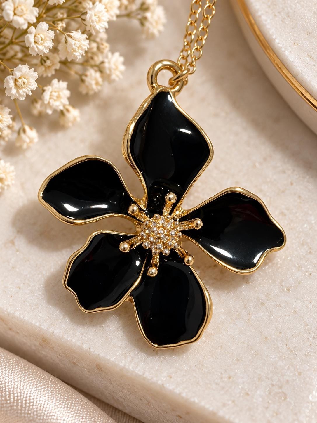 Black Flower Necklace and Earrings Set, Gold Tone Floral Jewelry Set, Black Enamel Pendant Necklace, Statement Jewelry, Gift for Her - Image 5