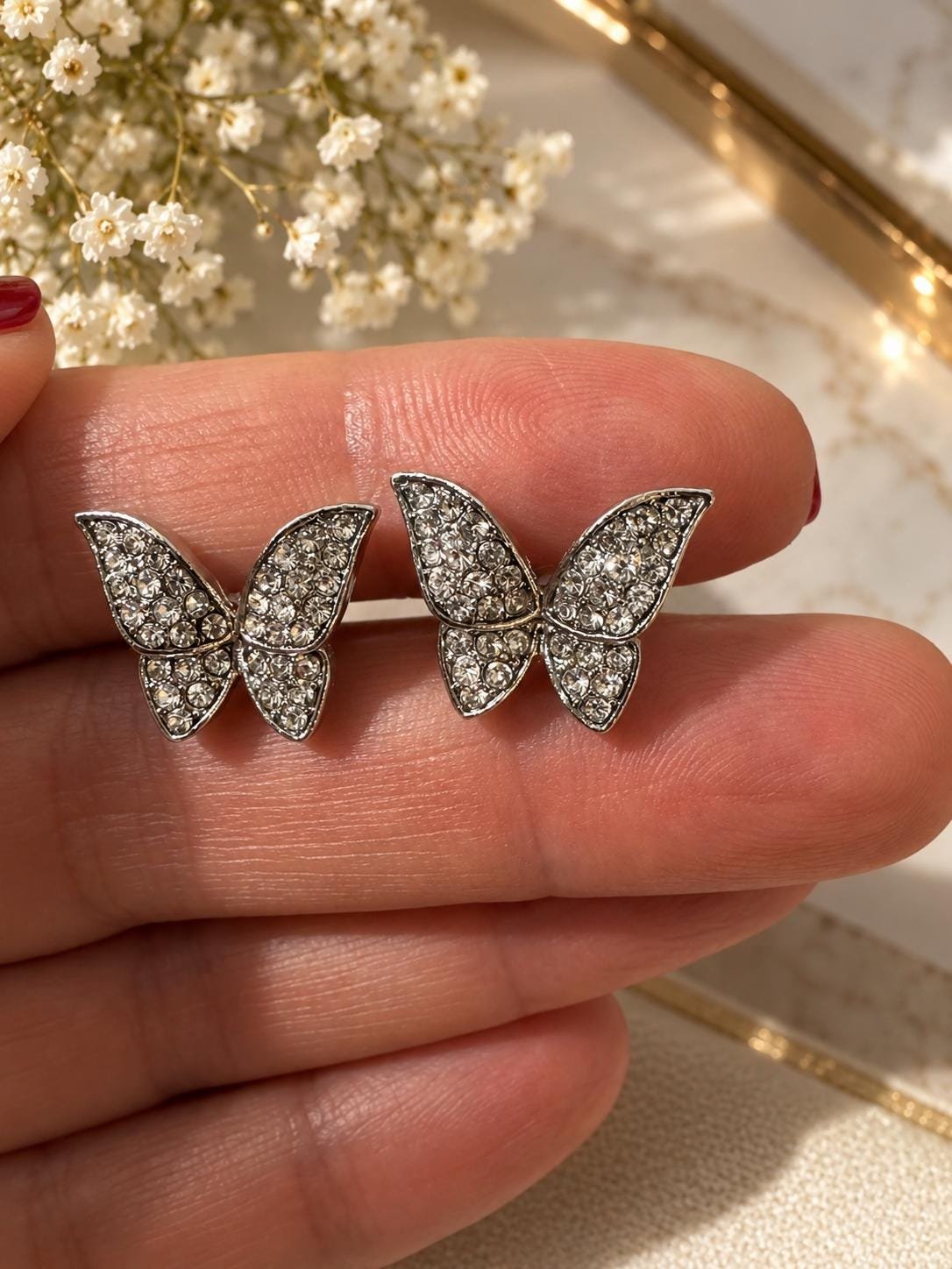 Butterfly Stud Earrings, Crystal Butterfly Earrings, Sparkling Rhinestone Earrings, Silver Butterfly Jewelry - Image 4