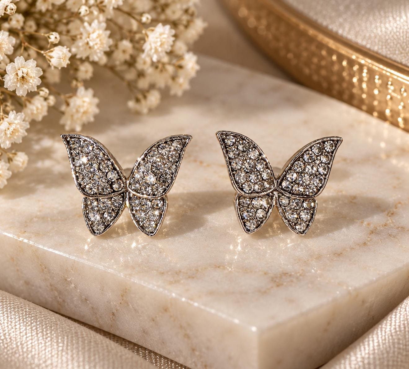 Butterfly Stud Earrings, Crystal Butterfly Earrings, Sparkling Rhinestone Earrings, Silver Butterfly Jewelry - Image 2