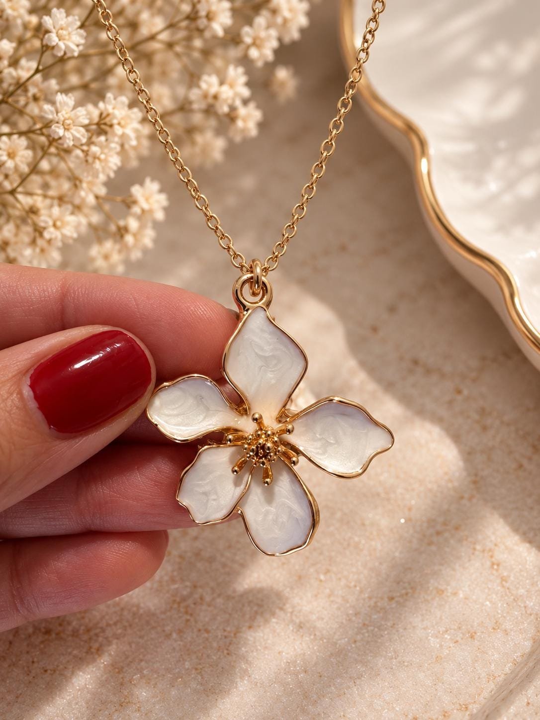 Flower Pendant Necklace, White Floral Necklace, Gold Tone Flower Jewelry, Mother of Pearl Style Pendant, Elegant Gift for Her - Image 4