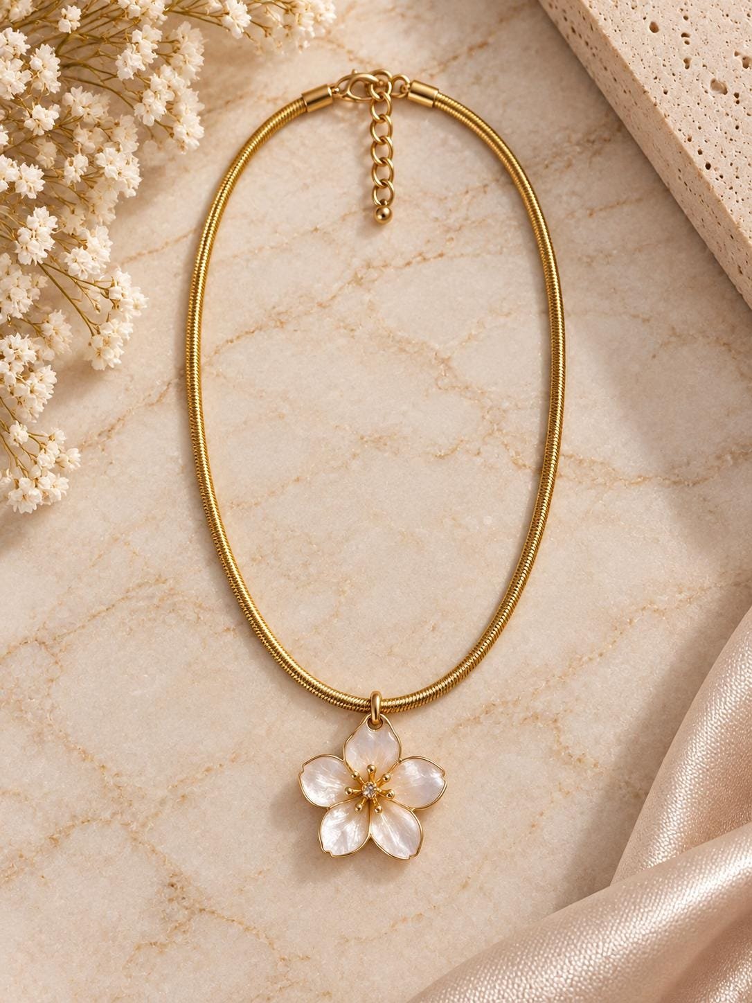 White Flower Necklace, Gold Floral Pendant Necklace, Delicate Botanical Jewelry, Elegant Statement Necklace, Gift for Her, Romantic Jewelry - Image 2