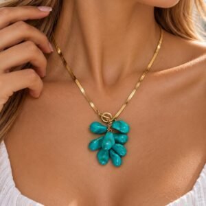 Turquoise Statement Necklace, Gold Tone Pendant Necklace, Chunky Turquoise Jewelry, Boho Gemstone Necklace, Handmade Gift for Her