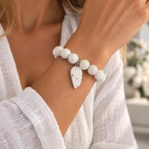 White Stone Bead Bracelet, Boho Charm Bracelet, Natural Stone Bracelet, White Beaded Bracelet, Leaf Pendant Jewelry, Handmade